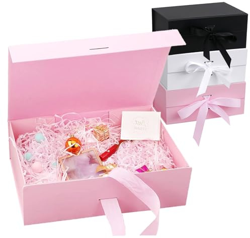 Geschenkbox mit Schleife, Magnetische Geschenkbox mit Deckel 21x17x7cm | Groß Geschenk Verpackungsbox, Geschenkschachtel für Hochzeit Geburtstag Weihnachten Jubiläum (Rosa)