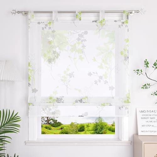 Heichkell Raffrollo mit Schlaufen Leinenoptik Gardine Tranparent Vorhang Bedruckte Raffgardine mit Blumen Grün BreitexHöhe 140x140 cm