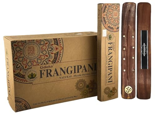 Aromasenses.- Goloka Bio-Frangipani-Räucherstäbchen – Neue Box mit 12 Packungen à 15 Gramm + 1 Aromasenses-Tablette (Frangipani)