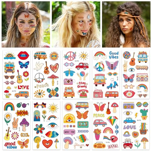 HOWAF 10 Blätter Hippie Tattoos Autoaufkleber Blumen Aufkleber Hippie Tattoo Gesicht Temporäre Tattoos Erwachsene Flower Power Retro Fake Tattoos Stickers für Hippie Accessoires Hippie Deko