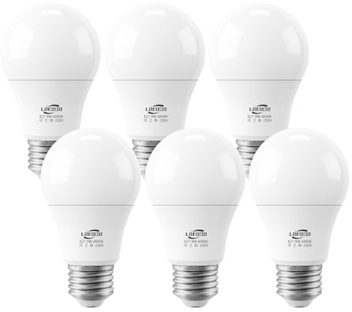 LOEODO E27 Screw LED Bulb, 9W=60W, 6000K Cool White, 806LM, Pack of 6