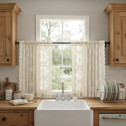 Kotile Transparente Vorhänge, 137 cm Länge, 2 Paneele, Landhausstil, rustikales Blumenmuster, Retro, beige, durchscheinende Spitzen-Vorhänge für Schlafzimmer, Stangentasche, Lichtfilterung,