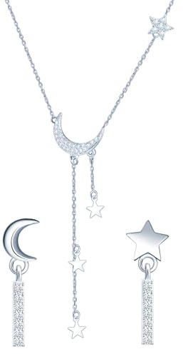 MICMIF Conjunto joyas de plata para mujer, collar luna y estrella colgante y cadena 44cm ajustable, pendientes colgantes asimétricos para niña, juegos de joyas para novia hija fiesta
