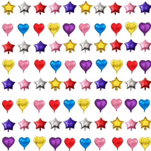 80pcs 5Inch Star and Heart Foil Balloons Mini Heart Balloons for Birthday, Anniversary, Wedding, Baby Shower, Christmas Party Decoration（Cannot Float）