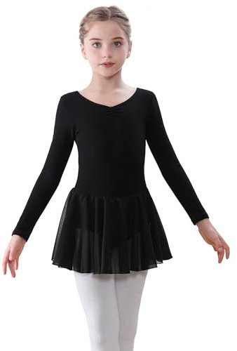 FONLAM Ballettkleid Tanzkleid Mädchen Langarm Balletttrikot Turnanzug Tanztrikot Ballettanzug Ballett Tütü Kinder (4-5 Jahre, Schwarz)