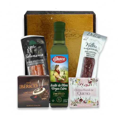 IAMI Cesta Gourmet 5 Productos | Aceite de Oliva Virgen Extra e Ibéricos | Salchichón vela, sobrasada, paté al Pedro Ximénez y crema floral de queso | Caja lista para entregar