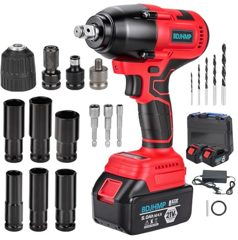 BDJHMP Cordless Brushless Impact Wrench Multi-function Impact Wrench for Home Car Lawn Mower, 18V 1500Nm, Torque 3200RPM 1/2 6 Sockets, LED Light, 2