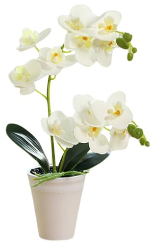 Fausse orchidée en pot réaliste de 40,6 cm - Orchidée artificielle décorative - Plante d'orchidée vive et vibrante pour la maison, le bureau, le mariage, orchidées artificielles blanches - Fleurs arti