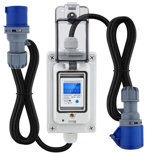Contatore Elettrico Digitale Mobile, 230 V 16A Contatore di Corrente Digitale Portatile con LED/Reset, Misuratori per esterni con IP65, per Camper,Veicoli Elettrici,Case (CEE Sezione 16A)