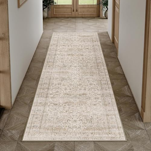 HUGEAR Waschbarer Beige Vintage Läufer Teppich Flur 60x240cm Bettvorleger Küchen Wohnzimmer Schlafzimmer Teppiche rutschfest Kurzflor Weich Flurläufer Teppichläufer