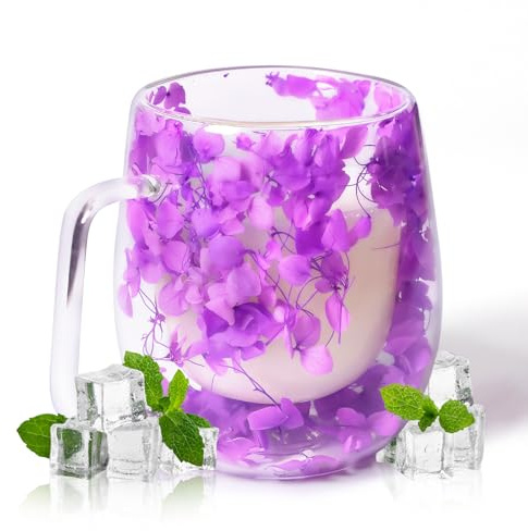 RUIOMII 370ml Flor Seca Tazas de Cafe, Vasos Doble Pared Cristal con Asa, Taza de Cafe Aislada Regalos de Cumpleaños para Mama Novia Profesora