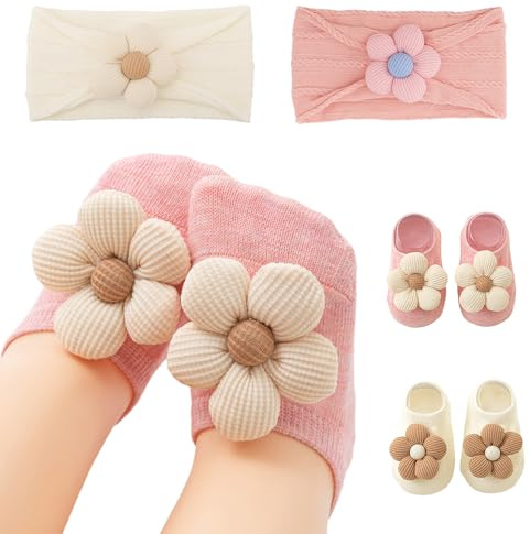 2 x Fascia per Bambina con Fiori & 2 x Calzini Anti-Scadimento – Accessori Capelli Morbidi & Calzini Bassi per Neonato, Neonata, Bambino