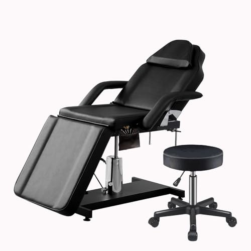 LSLIFE Professioneller Hydraulischer Schönheitstisch/Behandlungsliege, 180° Verstellbarer Rücken Bein Teil, Weiches Kunstdleder， Kopfstütze Armablage für Kosmetik, Massage, Tattoo (Dunkelschwarz)