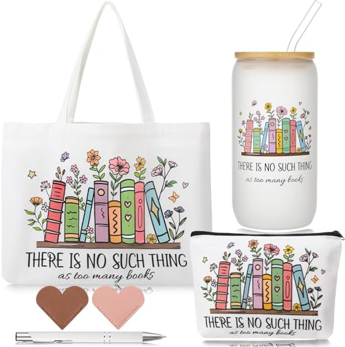 saerryor Book Lovers Gifts,Coffee Cup Tote Bag Makeup Bag Bookmarks