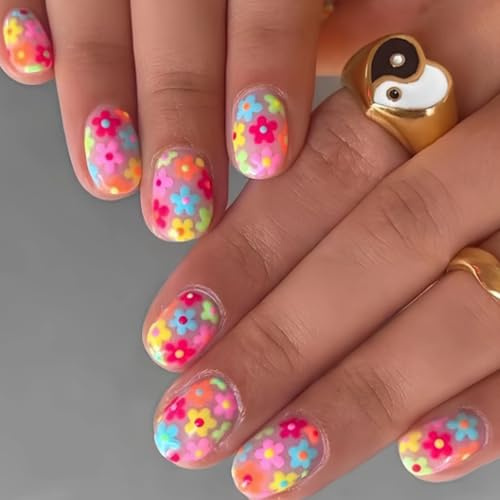 Short Round Press On Nails, 24-Piece Rainbow 3D Daisy False Nail Set | Glossy Transparent Full-Cover Tips, Multiple Sizes, Reusable Easy-Apply Format With Adhesive, For Daily Wear And Parties