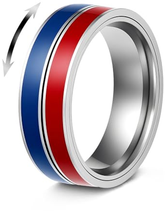 OAKKY Fidget Spinner Ring zur Angstlinderung Männer Frauen Drehring Drehbarer Edelstahl Band mit Blau Rot Drehstreifen Größe 57 (18.1)