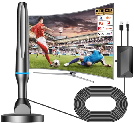 DVB-T2 Innenantenne mit Verstärker - Große Reichweite, 360° Empfang & Starkem Magnetfuß – Kompatibel mit 4K/1080p & Allen Fernsehern