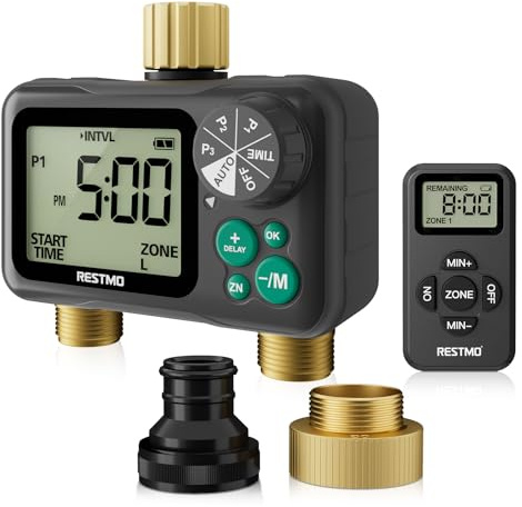 RESTMO Water Timer Sprinkler Timer for Outdoor Hose | Remote Control 2 Zone Brass Water Timer for Outdoor Hose , Max 11h59m Programmable ,Delay/Manual/Automatic Irrigation System