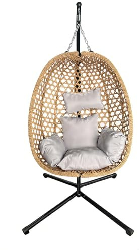 Hanging Egg Chair with Stand 150KG, Foldable PE Wicker Swing Chair, Thick Cushion & Anti-Rust Steel Frame, Indoor Outdoor Use for Garden, Porch, Living Room (Yellow Chair+light Grey Cushion)