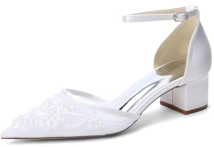 TNMIUH Bekväma lågklackade brudskor med strass, eleganta pumps i satin, vackra brudskor med blockklack för bröllop och kväll