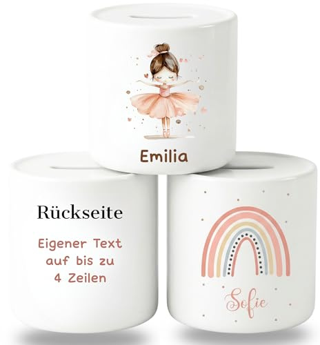 smartaini Personalisierte Spardose für Kinder mit Namen – Porzellan Kinderspardose personalisiert – Sparschwein Kinder Sparbüchse – Geschenk zur Geburt, Taufe oder Geburtstag (Ballerina)