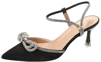 Dam kattunge häl slingback pumpar spetsig tå strass rosett dubbel rem satin stilett aftonklänning skor, Svart, 40 EU