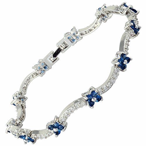 [RIZILIA FLOR] Tenis Pulsera [18cm/7inch] con Corte Redondo Piedras Preciosas Circonita CZ [Zafiro Azul] en 18K Chapado en oro blanco, Elegancia Moderna Sencillo