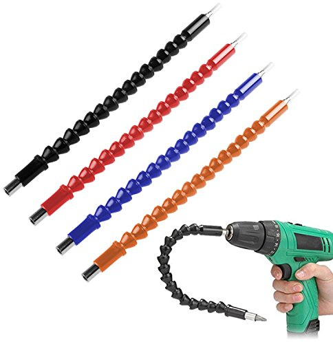 FineGood 4 Stück Bohrerverlängerung Flexibel für Schraubendreher 29,5cm Universal Anschluss Schwarz Rot Blau Orange