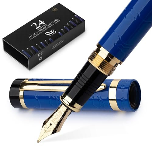 Wordsworth & Black Primori Füllfederhalter-Set [Blau-Gold]; Mittlere Feder, Geschenketui, 24 Tintenpatronen, Nachfüll-Konverter, Tagebucheintrag, Kalligrafie; Links- und Rechtshänder
