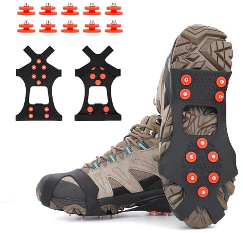 TBoonor Schuhspikes Schuhkrallen Ice Klampen Schnee Spikes Steigeisen Eiskrallen Anti Rutsch mit 10 (Orange Rot, S 30-35 (EU))