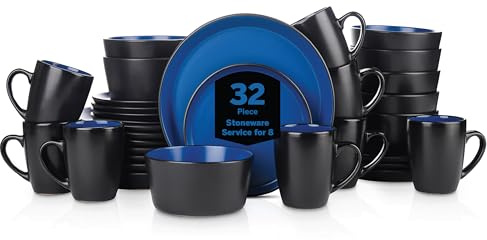 Stone Lain Albie Stoneware 32-Piece Modern Dinnerware Set, Kitchen Plates and Bowls Sets, Service for 8, Blue and Black, Microwave & Dishwasher Safe