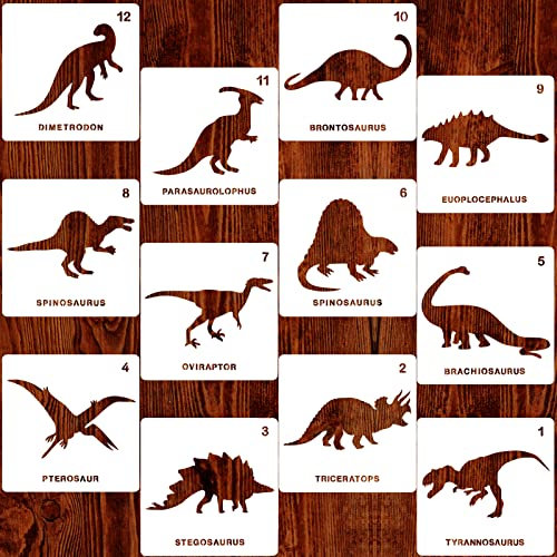 Qpout 12Pcs Dinosaurier Zeichnungschablonen Vorlagen, Wiederverwendbar Kunststoff Handwerk Malvorlage zum Malen auf Holz, Grußkarten, Alben, Sammelalbum, Notizbuch, Tagebuch, Wandkunst Hause Dekor