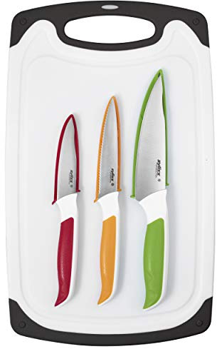 Zyliss E920249 Comfort 4 Piece Knife and Chopping Board Set, Multiple Sizes, Japanese Stainless Steel, Multicolour, Knife/Cutting Board Set Including 3 x Knives, Dishwasher Safe
