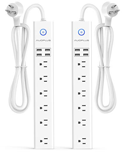 2 Pack Power Strip Surge Protector Flat Plug - 6 Widely Spaced Outlets 4 USB Charging Ports, 2100J/10A with 6Ft Long Extension Cord, Overload Surge Protection, Wall Mount for Home Office