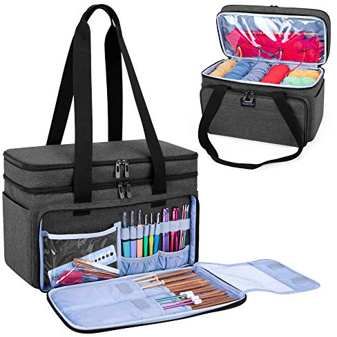 CURMIO Doppelschicht Wolle Tasche, Stricktasche für Garn, Schwarz | Mehrere Gummibänder & Fächer, 4 Ösenlöcher, Schulterriemen, für Stricken/ Häkelnadeln/ Stricknadeln/ Zubehör, Leere Tasche