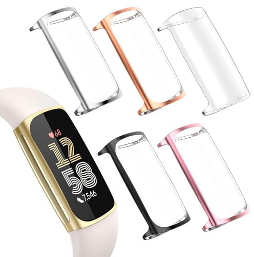 Hianjoo 5 Pack Screen Protectors for Fitbit Charge 6/5, TPU Plated Full-Cover Scratch-Proof Protective Bumper Shell Case