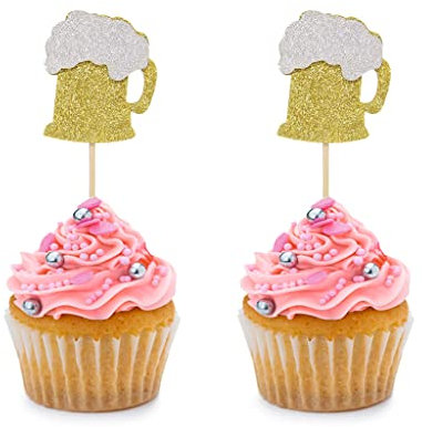 24 Stück Gold Glitzer Bierkrug Cupcake Topper für Babyparty Wein Hawaii Thema Hochzeit Party Geburtstag Party Jahrestag Kuchen Thema Party Dekorationen Zubehör