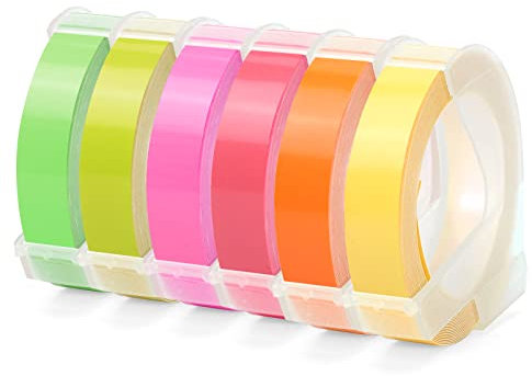 Aken 9mm Compatible with Embossing Tape Refill for Omega Label Tape 9mm, Compatible with 3D Label Maker Embossed Tape White on Yellow/Pink/Olive Green/Fluorescentpink/Orange/Green