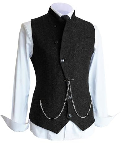 HSLS Herren Fischgrat Wollwesten Anzug Business Tweed Hoher Kragen Westen Schlanke Passform(L, schwarz)