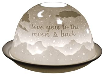 Cello Porzellan Teelichthalter Kuppel - to The Moon and Back Deko | Kuppelform mit 3D-Lichtmotiv und Liebesbotschaft; für Teelichter oder LED-Kerzen; Geschenk für Paare.