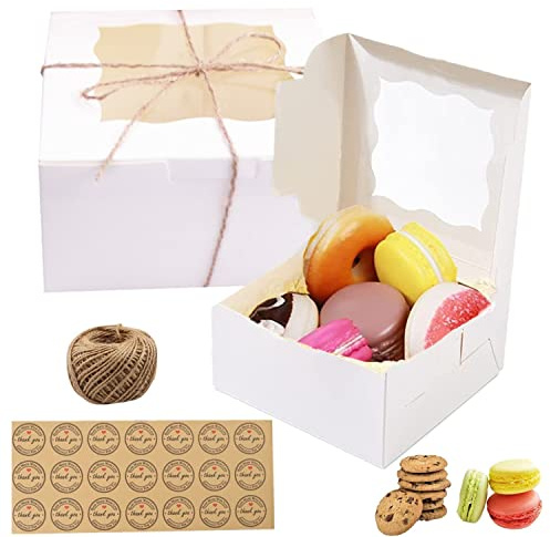 Gbateri 30 Pieces 6 inch Kraft Cake Boxes with Window, White Bakery Boxes, Cookie Box with Display, Brownie Boxes, Cardboard Food Boxes Treat Gift Boxes with Stickers for Cupcakes Pastries Donuts