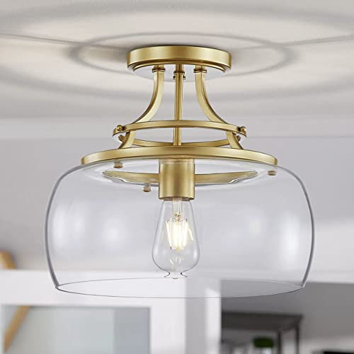 WUZUPS araña rústica casa de campo industrial redonda semi-empotrado techo led lámpara con pantallas de vidrio transparente para el baño cocina vestíbulo entrada, h 30 x w 34, base e27, oro