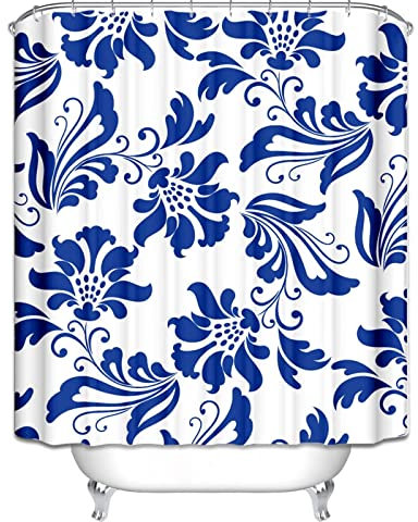 EHOMERY Duschvorhang Dachschräge Badewanne Duschrollo Schnelltrocknend Blume Duschvorhanghalterungen Badezimmer Vorhang Halter Polyester Blau Rostfreie Ösen Und 12 Hakenringe, 180X200Cm
