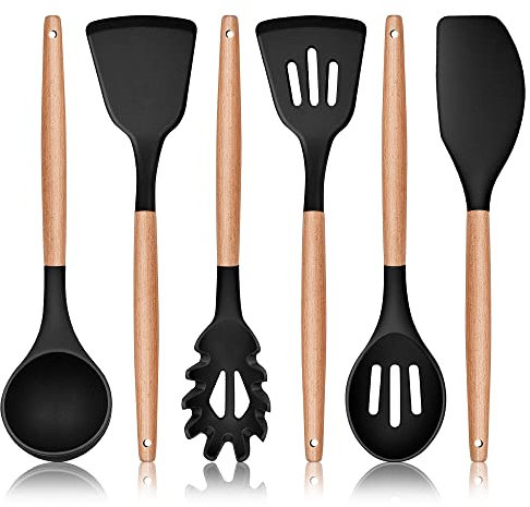 Herogo Juego de 6 utensilios de cocina de silicona, resistentes al calor, juego de utensilios de cocina con mango de madera, antiadherentes y saludables, fáciles de limpiar, color negro