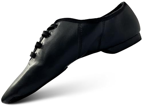 SLIX Essential Suede Lace Up Black Jazz Shoes Full Suede Split Sole with Extra Toe Patch PU Leather Jazz Shoes Dance Shoes for Women and Girls, Dual Suede, 35.5 EU