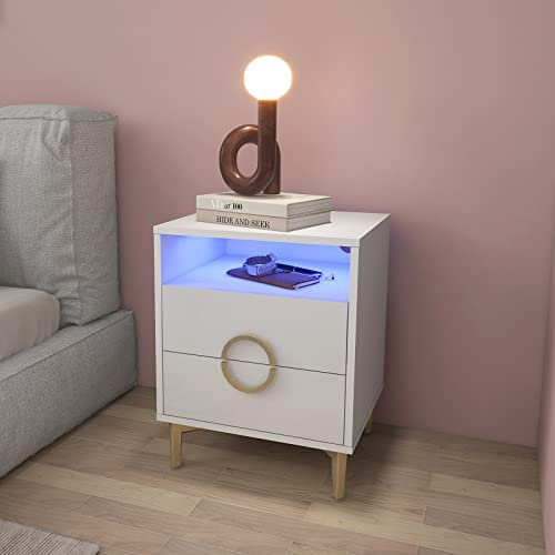Lvhecforhm Nachttisch Mit LED - 16 Farben Beleuchtung, Hochglanz Front, Weiß Mit 2 Schubladen, Goldene Füße Und Griffe - Moderner Beistelltisch 45x40x57cm Für Wohnzimmer