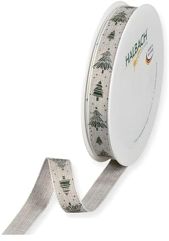Halbach Geschenkband Tannenbäume, 15 mm x 20 m, leinen/grün/weiß | Weihnachtliches Druckband mit Tannenbäumen, Made in Germany, waschbar bei 30 Grad und wetter-/farbecht