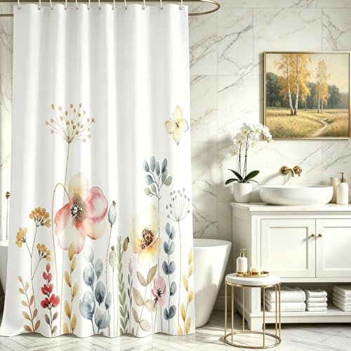 Lerores Duschvorhang 180x180cm, Blumen Pflanze Beschwerter Saum Antischimmel Textil, Wasserabweisend, Waschbar Polyester Stoff Badevorhänge für Badezimmer, Badewanne mit 12 Duschvorhangringe