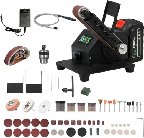 YIWENG Mini levigatrice a nastro 350W Smeriatrice elettrica da banco Levigatrice Regolazione continua della velocità Piccola smeriatrice Affilatrice Lucidatrice con 10 nastri abrasivi per fai da te