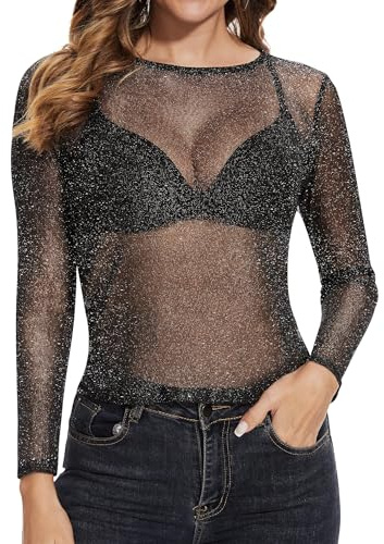 Becellen Maglia Trasparente Donna, Tulle Nero Manica Lunga Maglietta Sexy Glitter Maglie in Rete per Clubwear e Feste